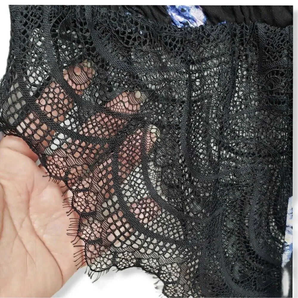 Free People Black Floral Lace Bodysuit Top M Romantic Dark Fairy Boho Whimsy NEW